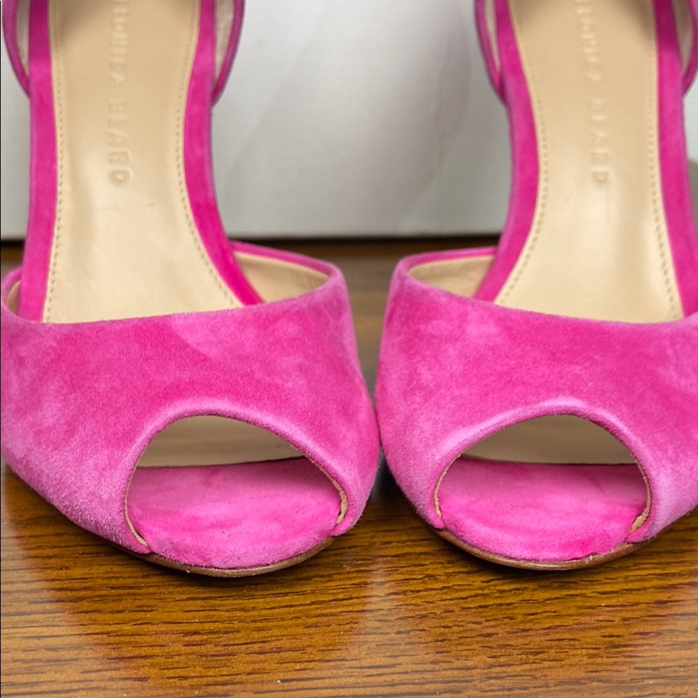 Veronica Beard Gadot Fuschia Suede‎ Leather Peep-Toe Heels Size 6M Barbie Pink - Picture 11 of 12